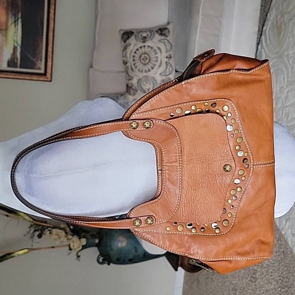 Patricia Nash Tan Leather Shoulder Bag with Silver Hardware